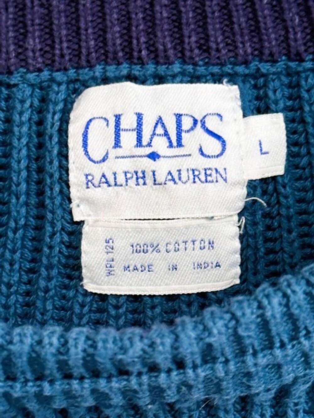 Vintage Chaps Ralph Lauren Teal Ribbed Raglan Knit Sweater Large Cotton Crest - Picture 5 of 13